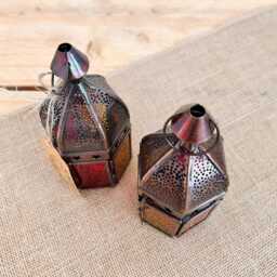 Handmade Moroccan Style Bohemian Lantern Pink & Yellow Glass Copper Metal With Star Design Perfect Hippie Home T Light Holder Fair Trade - thumbnail 3