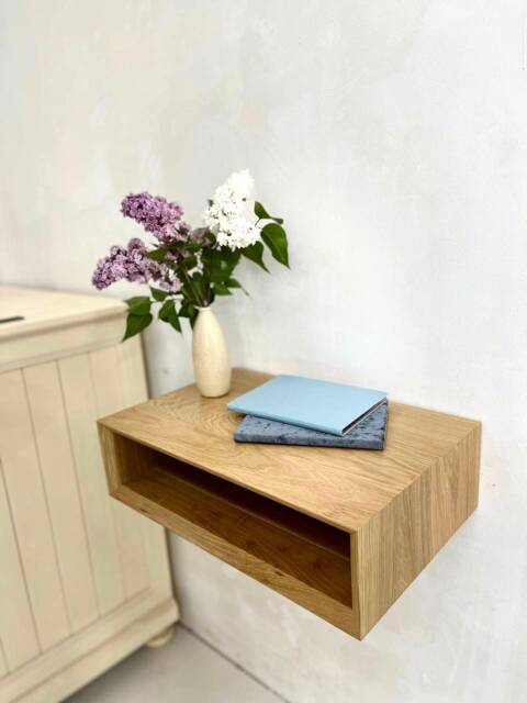 Oak Floating Nightstand With Drawer, Wall Mounted Wooden Bed Side Table, Unique Mid Century Modern Gray, Bold Bedroom Furniture Hanging Shel - image 1
