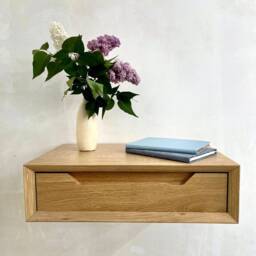 Oak Floating Nightstand With Drawer, Wall Mounted Wooden Bed Side Table, Unique Mid Century Modern Gray, Bold Bedroom Furniture Hanging Shel - thumbnail 2