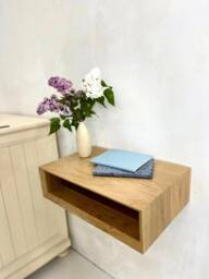 Oak Floating Nightstand With Drawer, Wall Mounted Wooden Bed Side Table, Unique Mid Century Modern Gray, Bold Bedroom Furniture Hanging Shel