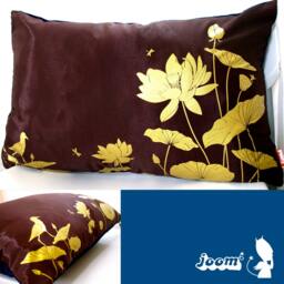Lotus Pond Pillow Silkscreened Golden Design, Navy Velvet Back - thumbnail 2