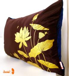Lotus Pond Pillow Silkscreened Golden Design, Navy Velvet Back - thumbnail 1