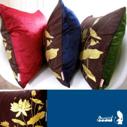Lotus Pond Pillow Silkscreened Golden Design, Navy Velvet Back - thumbnail 4