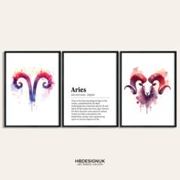 Aries Zodiac Print - Set Of 3 Posters - Watercolour Gift Astrology Paintings Star Sign Wall Art Artwork Decor For Her - thumbnail 1