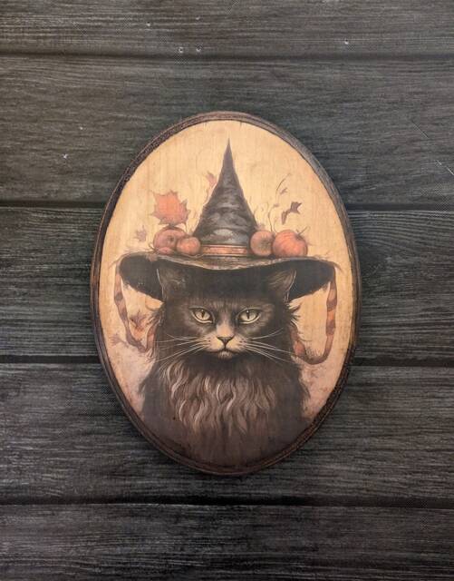 Vintage Black Cat in Witch Hat Halloween Wooden Wall Art - Handmade Wood Plaque Sign Pumpkins Fall Foliage Cottagecore - image 1