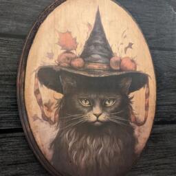 Vintage Black Cat in Witch Hat Halloween Wooden Wall Art - Handmade Wood Plaque Sign Pumpkins Fall Foliage Cottagecore - thumbnail 2