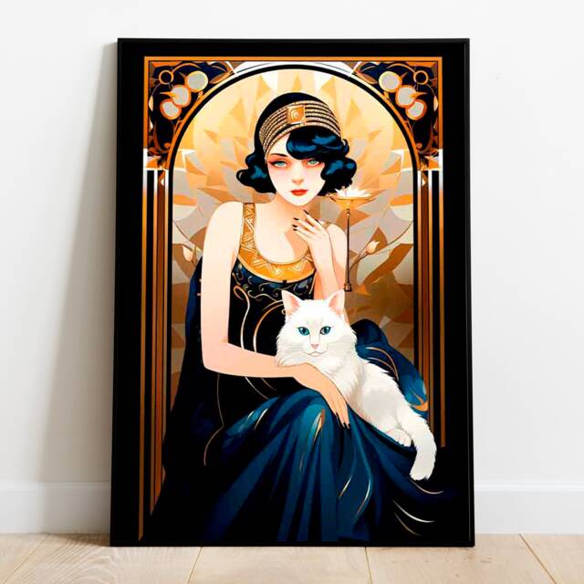 Art Nouveau Style Dressing Room Vintage Girl With White Cat Powder Wall Art, Large Deco Bathroom, Retro Lovers Gift - image 1