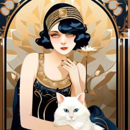 Art Nouveau Style Dressing Room Vintage Girl With White Cat Powder Wall Art, Large Deco Bathroom, Retro Lovers Gift - thumbnail 2