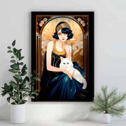 Art Nouveau Style Dressing Room Vintage Girl With White Cat Powder Wall Art, Large Deco Bathroom, Retro Lovers Gift - thumbnail 3