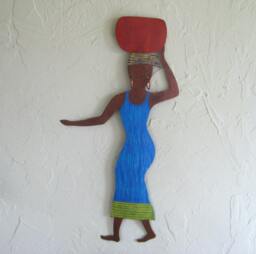 Recycled Metal African Wall Art Cobalt Blue Market Lady Sculpture - thumbnail 1