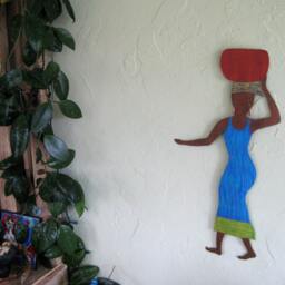 Recycled Metal African Wall Art Cobalt Blue Market Lady Sculpture - thumbnail 2