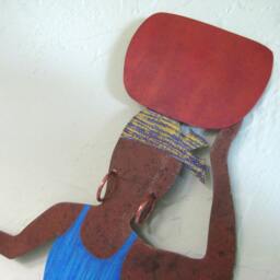 Recycled Metal African Wall Art Cobalt Blue Market Lady Sculpture - thumbnail 3