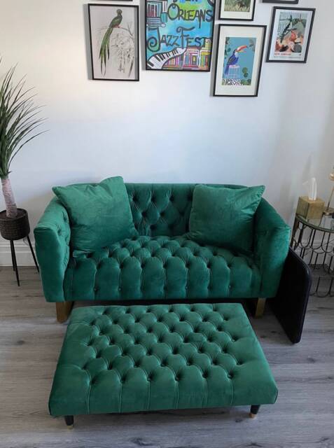 Handmade Chesterfield Velvet Footstool Coffee Table With Golden Tip Feet - image 1