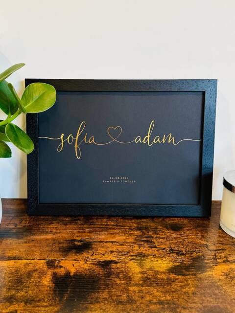 Couple Names & Date - Custom Foil Print Personalised With Heart Gold, Silver Wedding, Birthday, Anniversary A4, A3 - image 1