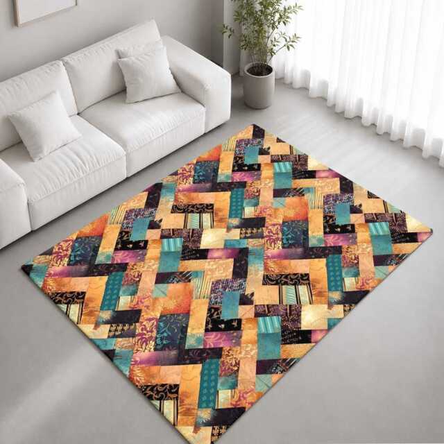 Teal Gold Purple Floral Patchwork Rug Non-Slip Soft Area Carpet Bedroom Living Room Hallway Mat Decor - Made in UK - image 1