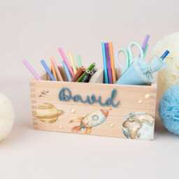 Personalized Pencil Holder Space, Desk Organizer Wood With Acrylic Name, Cup School Enrollment, Gift Child Cone - thumbnail 3
