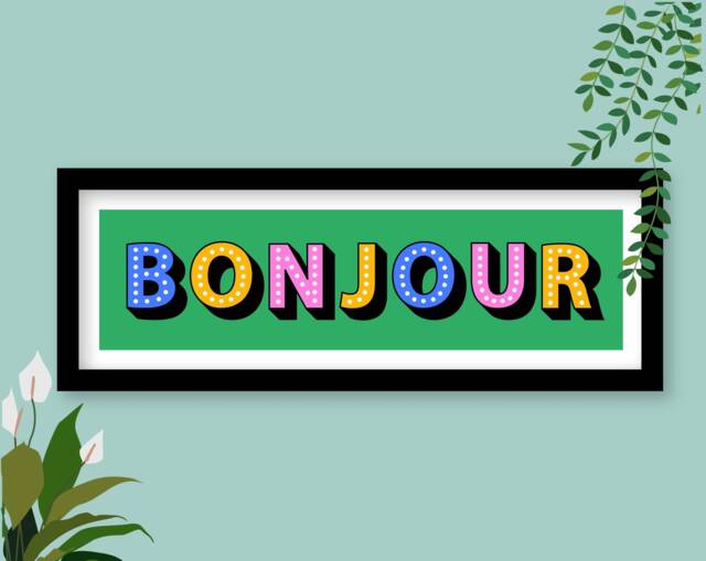 Framed Bonjour Print, Sign, Panoramic Hallway French Slogan Wall Art - image 1