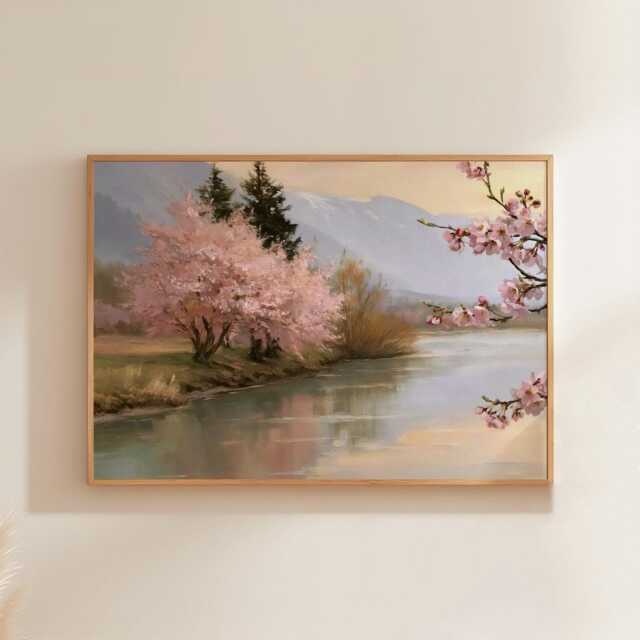 Pink Blossom Poster, River Landscape Print, Nature Wall Art, Paper - image 1