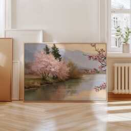 Pink Blossom Poster, River Landscape Print, Nature Wall Art, Paper - thumbnail 4