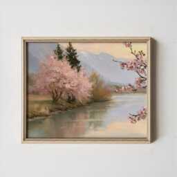 Pink Blossom Poster, River Landscape Print, Nature Wall Art, Paper - thumbnail 3