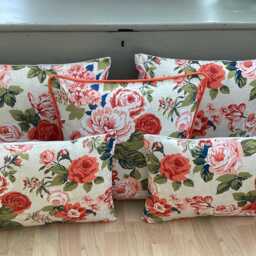 Handmade Piped Genevieve Classic Old Rose Cream Burnt Orange Floral Linen Fabric Country Botanical Throw Pillow Sham Cushion Cover - thumbnail 4