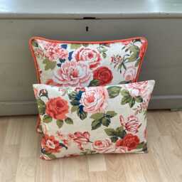 Handmade Piped Genevieve Classic Old Rose Cream Burnt Orange Floral Linen Fabric Country Botanical Throw Pillow Sham Cushion Cover - thumbnail 2