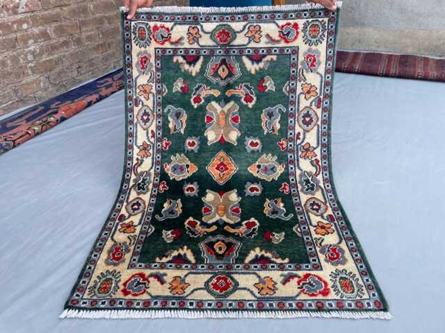 Emerald Green Chobi Rug, Floral Medallion Afghan Wool Carpet, Small Traditional Area Forest Entryway Accent Mat 3x4 - image 1