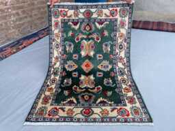 Emerald Green Chobi Rug, Floral Medallion Afghan Wool Carpet, Small Traditional Area Forest Entryway Accent Mat 3x4