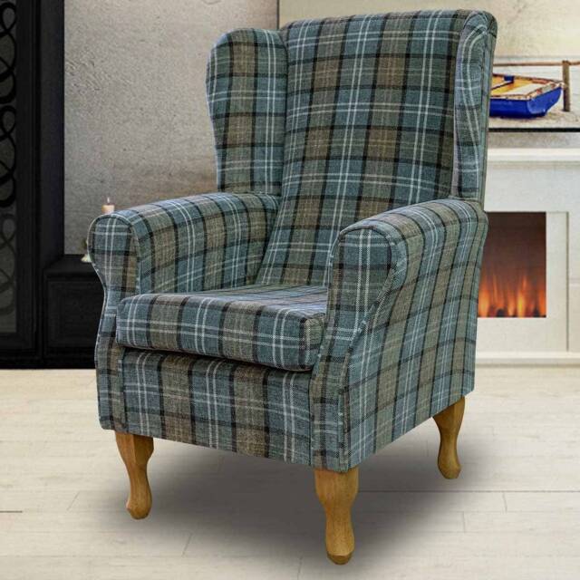Blue Tartan Wingback Armchair Handmade Fireside Accent Chair - image 1