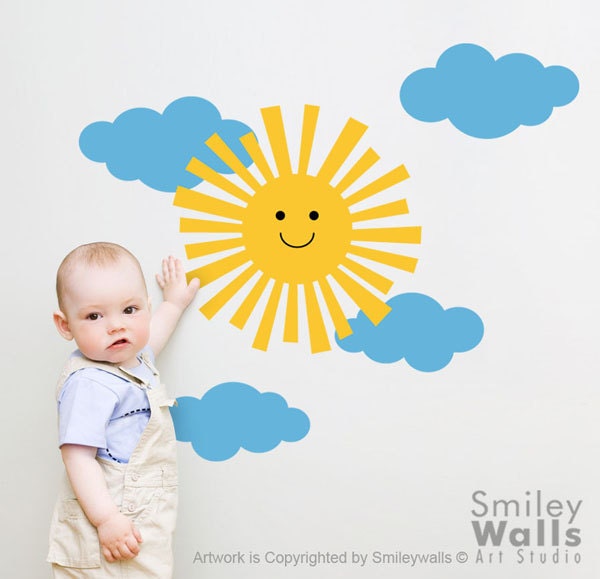 Sun Wall Decal, Clouds Nursery Happy Sticker, Smiley & Sticker For Children Baby - image 1