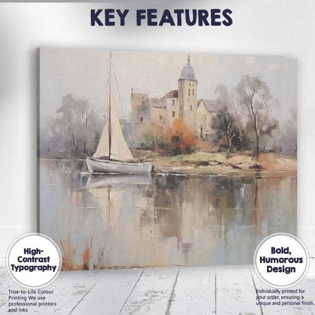 Misty Riverside Sailboat & Historic Church Watercolour Landscape Canvas Wall Art Print Decor Picture Ready To Hang - image 1