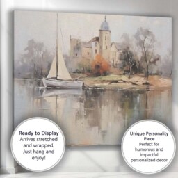 Misty Riverside Sailboat & Historic Church Watercolour Landscape Canvas Wall Art Print Decor Picture Ready To Hang - thumbnail 3