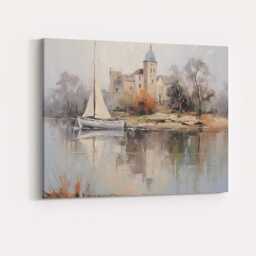 Misty Riverside Sailboat & Historic Church Watercolour Landscape Canvas Wall Art Print Decor Picture Ready To Hang - thumbnail 4