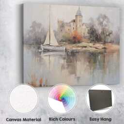 Misty Riverside Sailboat & Historic Church Watercolour Landscape Canvas Wall Art Print Decor Picture Ready To Hang - thumbnail 2