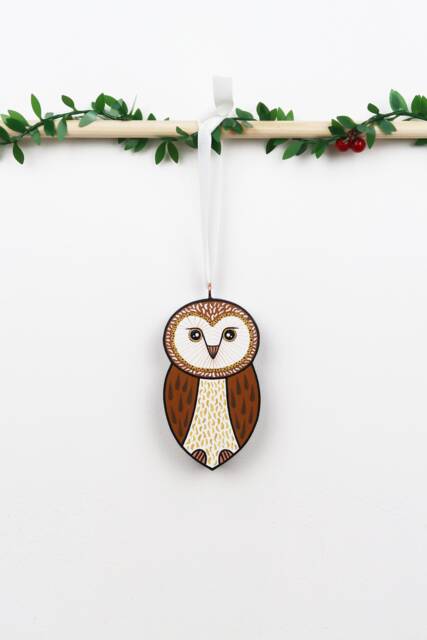 Handmade Barn Owl Christmas Ornament Painted Wood Holiday Decor - image 1