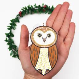 Handmade Barn Owl Christmas Ornament Painted Wood Holiday Decor - thumbnail 2