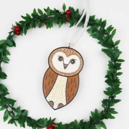 Handmade Barn Owl Christmas Ornament Painted Wood Holiday Decor - thumbnail 3