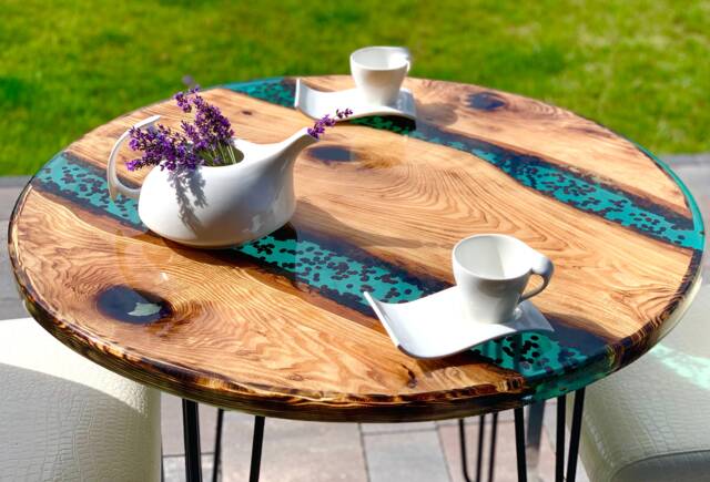 Custom Made Round, Turquoise, Unique Dining Table With Real Coffee Beans - image 1