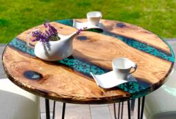 Custom Made Round, Turquoise, Unique Dining Table With Real Coffee Beans