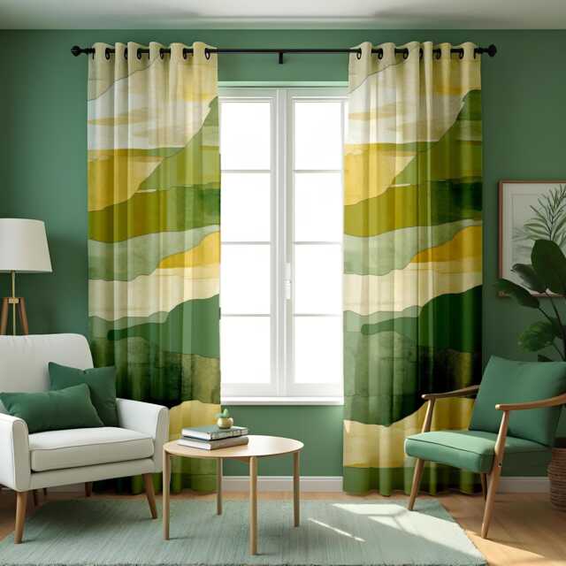 Watercolor Mountain Landscape Curtains, Green & Yellow Earthy Tones, Abstract Modern Drapes, Custom Length Panel Curtains - image 1