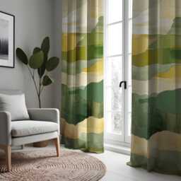 Watercolor Mountain Landscape Curtains, Green & Yellow Earthy Tones, Abstract Modern Drapes, Custom Length Panel Curtains - thumbnail 3