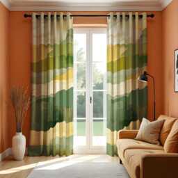 Watercolor Mountain Landscape Curtains, Green & Yellow Earthy Tones, Abstract Modern Drapes, Custom Length Panel Curtains - thumbnail 2
