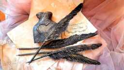 Black Feather Ballpoint Pen With Wood Holder, Gothic, Vintage Desk Decor - thumbnail 1