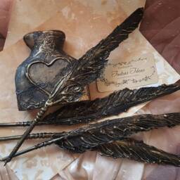 Black Feather Ballpoint Pen With Wood Holder, Gothic, Vintage Desk Decor - thumbnail 2