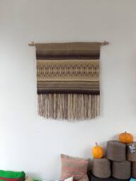 Woven Wool Wall Hanging Rustic Cabin Decor, Brown & White Art - thumbnail 1