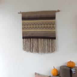 Woven Wool Wall Hanging Rustic Cabin Decor, Brown & White Art - thumbnail 4