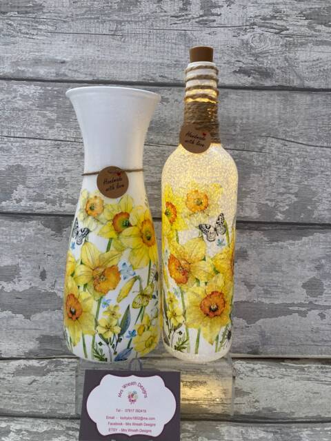 Decoupage Light Up Bottle & Matching Vase - Daffodil Mother's Day Gift - image 1