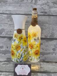 Decoupage Light Up Bottle & Matching Vase - Daffodil Mother's Day Gift - thumbnail 1