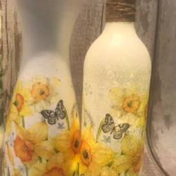 Decoupage Light Up Bottle & Matching Vase - Daffodil Mother's Day Gift - thumbnail 2