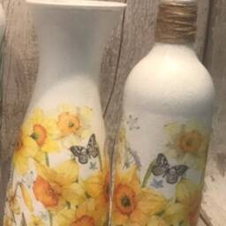 Decoupage Light Up Bottle & Matching Vase - Daffodil Mother's Day Gift - thumbnail 3